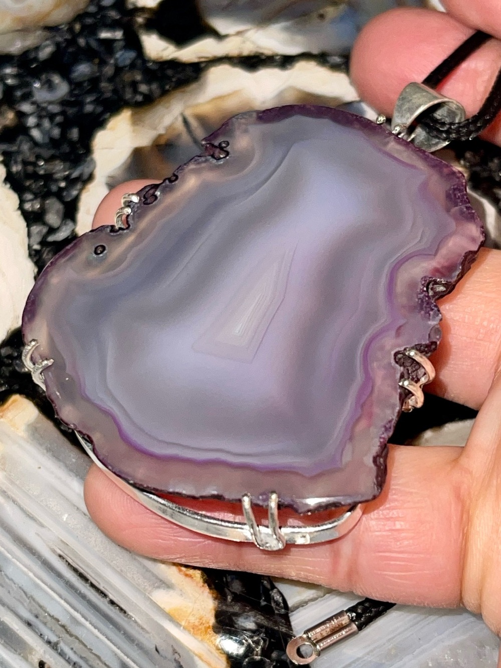 Jumbo Purple Banded Agate Geode Slice Drusy Pendant 2 7/8”